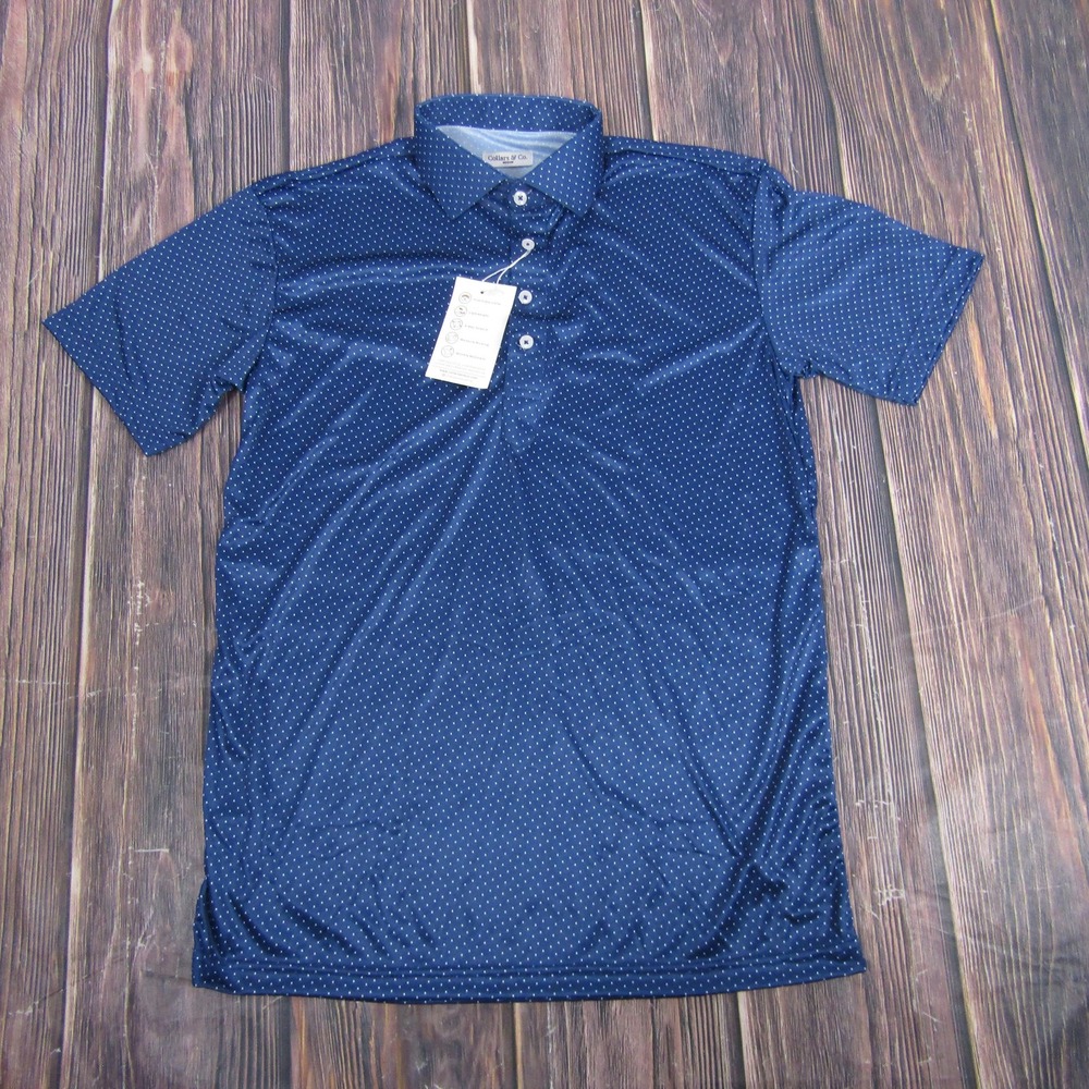Collars & Co. Polo Shirt‎ Mens Medium Navy Micro Dot Dress Collar 4-Way Stretch